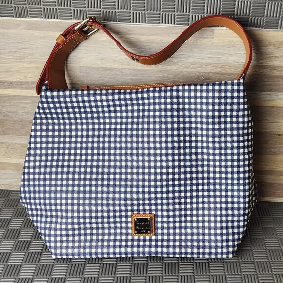 Dooney & Bourke Coated Blue Red Cotton Gingham Hobo Shoulder Bag Checkered Navy - Picture 1 of 16